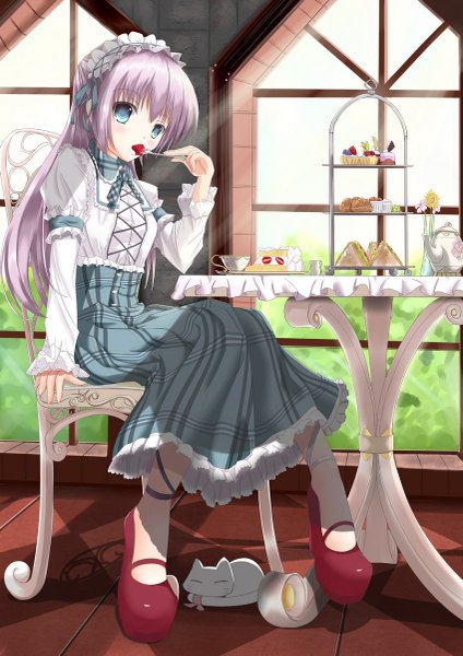 Anime picture 849x1200 with original fatkewell single long hair tall image blush blue eyes purple hair eating girl dress animal food headdress window sweets cat berry (berries) cake strawberry