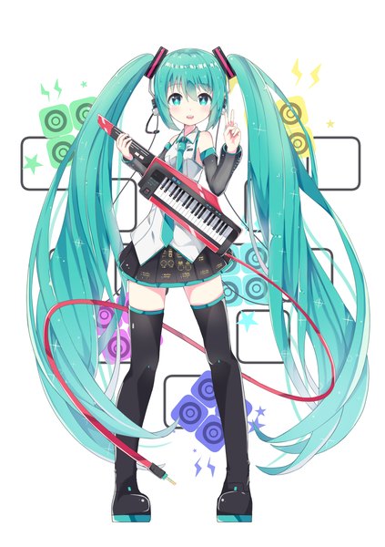Anime picture 1214x1720 with vocaloid hatsune miku namuya (pixiv5584775) single tall image looking at viewer fringe open mouth simple background smile hair between eyes standing white background twintails full body very long hair aqua eyes aqua hair victory girl