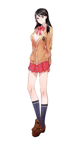 Anime picture 3365x6000 with genei ibunroku sharp fe oribe tsubasa humi (artist) single long hair tall image looking at viewer highres black hair simple background white background absurdres black eyes official art hands behind back girl uniform hair ornament school uniform socks