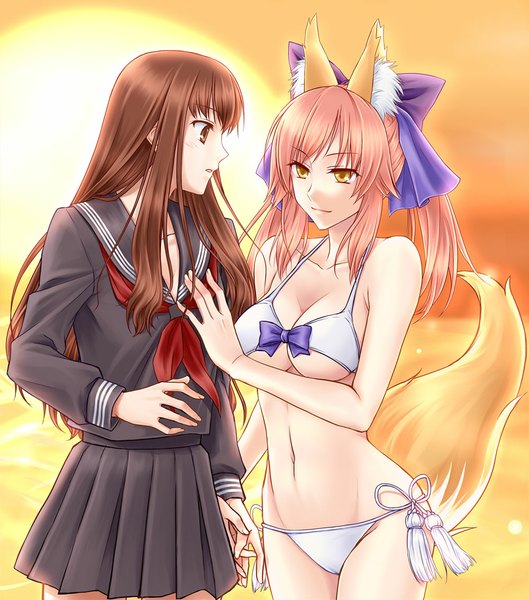 Anime picture 1000x1134 with fate (series) fate/extra fate/extra ccc type-moon tamamo (fate) (all) tamamo no mae (fate) female protagonist (fate/extra) fervent idiot long hair tall image breasts light erotic brown hair multiple girls brown eyes yellow eyes pink hair fox ears fox tail fox girl