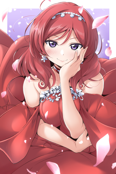 Anime picture 2859x4292 with love live! school idol project sunrise (studio) love live! nishikino maki kirisaki reina single long hair tall image looking at viewer blush highres breasts smile large breasts purple eyes bare shoulders red hair border outside border hand on face
