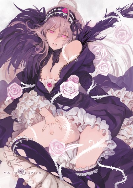 Anime-Bild 1800x2546 mit rozen maiden suigintou moruga single long hair tall image highres open mouth light erotic brown hair bare shoulders pink eyes inscription kneeling gothic russian girl dress flower (flowers) hairband