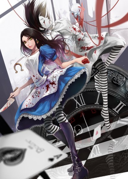 Anime picture 3848x5354 with american mcgee's alice (game) alice: madness returns alice (american mcgee's) kokage no shita long hair tall image highres breasts black hair holding green eyes absurdres bent knee (knees) eyes closed holding hands reflection dual persona weightlessness bloody clothes bloody weapon