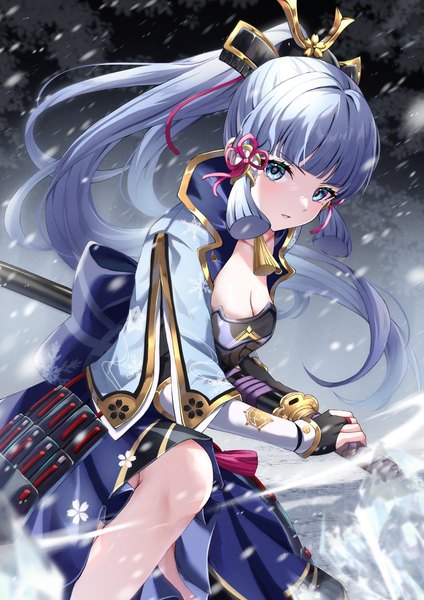 Anime picture 2315x3274 with genshin impact kamisato ayaka wanatsu 15 single long hair tall image looking at viewer fringe highres breasts blue eyes light erotic cleavage silver hair ponytail blunt bangs snowing sheathed ready to draw girl