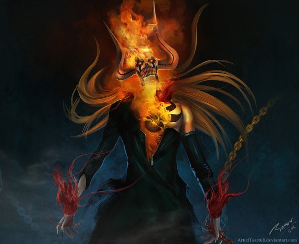 Anime picture 1754x1432 with bleach studio pierrot kurosaki ichigo tsart68 single long hair highres blonde hair horn (horns) torn clothes glowing dark background glowing eye (eyes) muscle boy chain mask fire