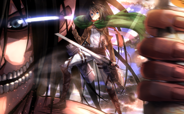 Anime picture 1813x1133 with shingeki no kyojin production i.g mikasa ackerman eren yaeger rogue titan swordsouls highres short hair blue eyes black hair wide image open clothes open jacket shaded face giant girl weapon sword boots belt