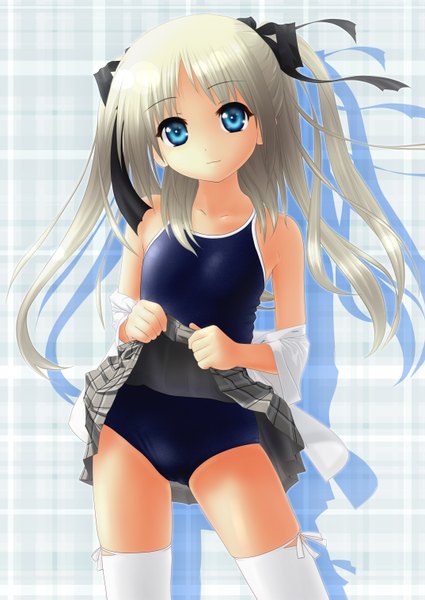 Anime picture 1074x1517 with little busters! key (studio) noumi kudryavka akahige single long hair tall image blue eyes light erotic silver hair grey hair loli girl thighhighs ribbon (ribbons) swimsuit shirt white thighhighs