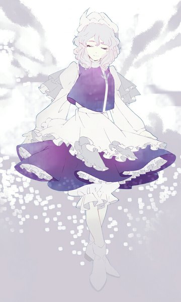 Anime picture 600x1000 with touhou letty whiterock okomeuma single tall image short hair purple hair eyes closed light smile wavy hair girl boots apron bonnet knickers