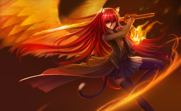 Anime picture 2000x1231 with shakugan no shana j.c. staff shana zhuore zhi hen single long hair highres red eyes wide image animal ears red hair tail animal tail cat ears cat girl cat tail girl thighhighs skirt weapon