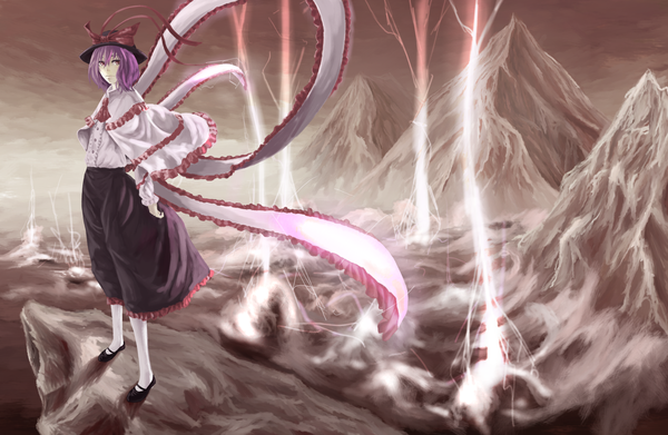 Anime picture 1600x1043 with touhou nagae iku akaikitsune single short hair red eyes purple hair mountain lightning electricity girl skirt bow ribbon (ribbons) hat