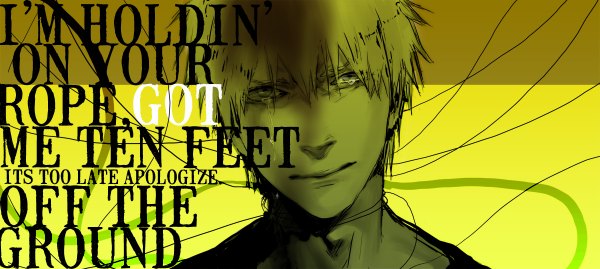 Anime picture 1200x538 with bleach studio pierrot kurosaki ichigo hatabolic (pixiv) single looking at viewer short hair wide image inscription face crying yellow background boy thread