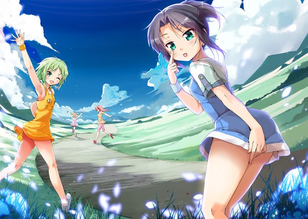 Anime picture 1261x900 with original porurin long hair looking at viewer blush fringe short hair breasts open mouth blue eyes light erotic black hair brown hair standing multiple girls pink hair sky cloud (clouds) outdoors ponytail