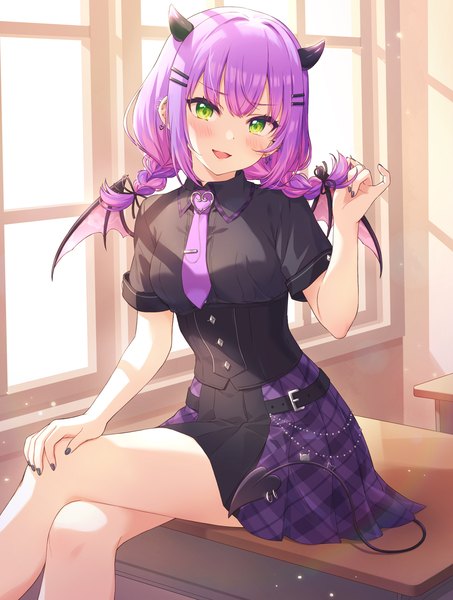 Anime picture 1112x1472 with virtual youtuber hololive tokoyami towa tokoyami towa (school uniform) mikami (mcm ncb) single long hair tall image looking at viewer open mouth sitting green eyes purple hair braid (braids) :d horn (horns) twin braids crossed legs official alternate costume girl