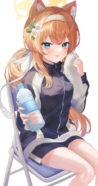 Anime picture 1078x2048 with blue archive mari (blue archive) mari (gym uniform) (blue archive) riyonn single long hair tall image fringe blue eyes simple background hair between eyes white background sitting animal ears hair flower orange hair official alternate costume low ponytail girl uniform