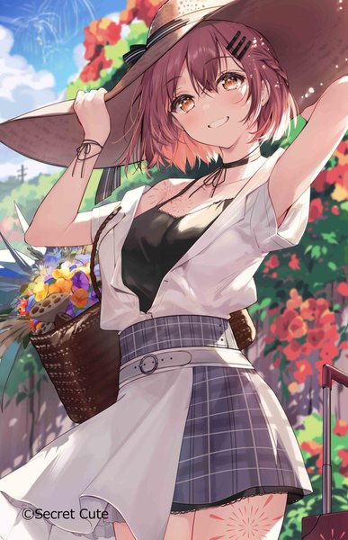 Anime picture 3892x6037 with original necomi (gussan) single tall image looking at viewer blush fringe highres short hair smile hair between eyes brown hair standing absurdres sky cloud (clouds) outdoors braid (braids) head tilt arms up