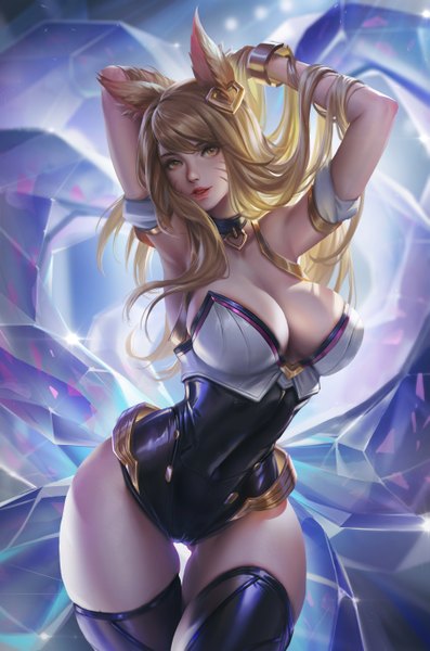 Anime picture 1800x2715 with league of legends k/da (league of legends) ahri (league of legends) k/da ahri youyi (jiam009) single long hair tall image highres breasts light erotic blonde hair large breasts standing bare shoulders animal ears yellow eyes cleavage tail parted lips