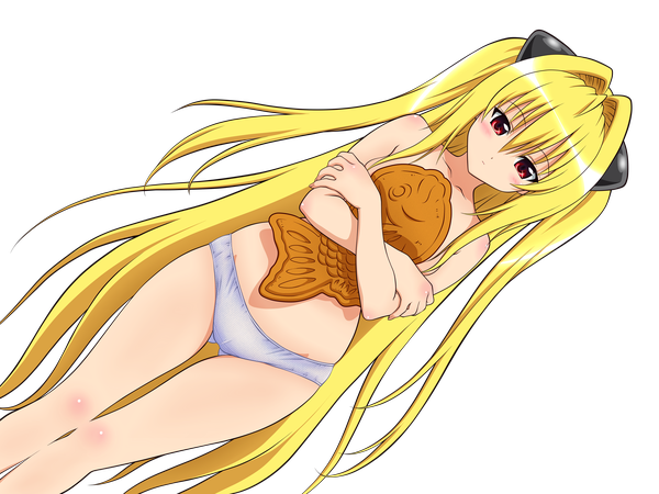 Anime picture 6000x4500 with toloveru toloveru darkness xebec konjiki no yami single blush highres light erotic blonde hair red eyes bare shoulders very long hair underwear only topless transparent background vector girl underwear panties pillow