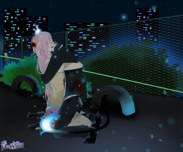 Anime picture 6000x5000 with ao no exorcist a-1 pictures tagme (character) okumura rin cogamori long hair blush highres short hair breasts sitting signed pink hair absurdres tail night couple hug glowing squat