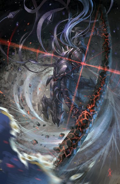 Anime picture 656x1000 with fate (series) fate/zero type-moon berserker (fate/zero) seeker single long hair tall image signed blue hair glowing glowing eye (eyes) knight attack boy weapon armor