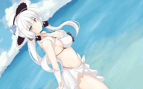 Anime picture 3180x1980 with azur lane illustrious (azur lane) mamizu single long hair looking at viewer blush fringe highres breasts blue eyes light erotic hair between eyes wide image standing twintails sky cleavage cloud (clouds) outdoors