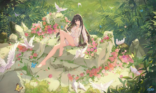 Anime-Bild 1593x957 mit original atdan single long hair looking at viewer blush fringe breasts light erotic smile hair between eyes brown hair wide image sitting brown eyes signed cleavage full body bent knee (knees) outdoors