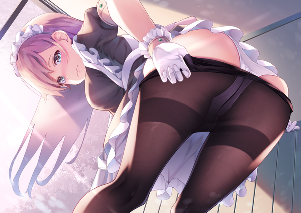 Anime picture 1877x1329 with original akausuko single long hair blush fringe highres breasts blue eyes light erotic looking away pink hair ass sunlight maid leaning leaning forward undressing sunbeam pantyhose pull