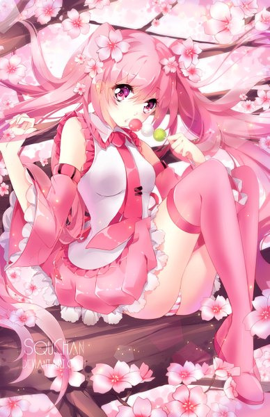 Anime picture 809x1250 with vocaloid hatsune miku sakura miku squchan single long hair tall image looking at viewer blush fringe breasts light erotic twintails holding pink hair pleated skirt pink eyes hair flower wide sleeves :o