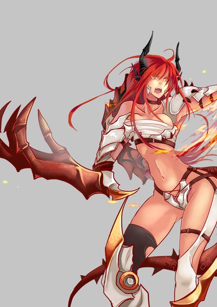 Anime picture 2894x4093 with league of legends shyvana (league of legends) single long hair tall image highres open mouth light erotic yellow eyes red hair horn (horns) midriff girl navel claws thorns