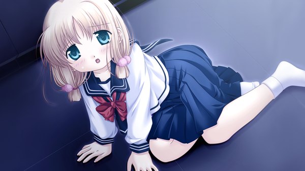 Anime picture 1024x576 with sanarara r nekoneko soft single blush short hair open mouth blue eyes blonde hair wide image twintails game cg short twintails girl skirt serafuku