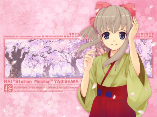 Anime picture 1280x960 with tetsudou musume yagisawa mai mibu natsuki single looking at viewer short hair blue eyes smile payot traditional clothes japanese clothes wind grey hair wallpaper character names cherry blossoms girl bow hair bow petals