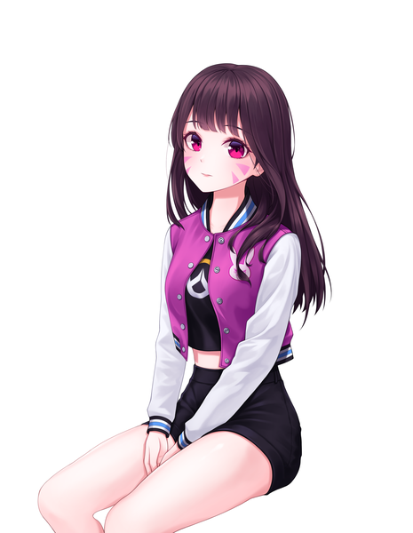 Anime picture 2817x3637 with overwatch blizzard entertainment d.va (overwatch) yuyo (i iuyo) single long hair tall image looking at viewer blush fringe highres simple background brown hair white background sitting blunt bangs long sleeves pink eyes open jacket midriff