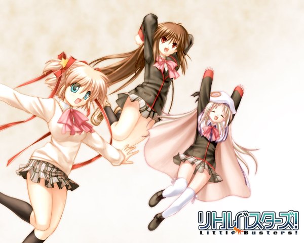 Anime picture 1280x1024 with little busters! key (studio) noumi kudryavka natsume rin kamikita komari na-ga long hair short hair open mouth blue eyes simple background blonde hair red eyes brown hair multiple girls eyes closed two side up girl thighhighs skirt