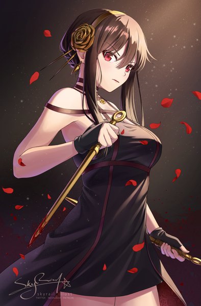 Anime picture 986x1500 with spy x family yor briar skyrail (skynetrailgun) single long hair tall image looking at viewer fringe black hair hair between eyes red eyes signed sleeveless girl dress weapon petals black dress headband