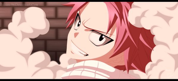 Anime picture 1990x914 with fairy tail natsu dragneel fabiansm single highres short hair smile wide image pink hair looking back black eyes grin coloring letterboxed close-up smoke boy scarf wall