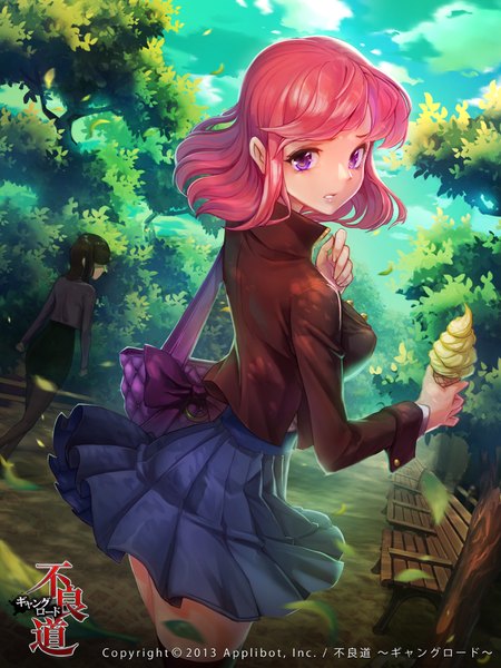 Anime picture 720x960 with furyou michi ~gang road~ wooju tall image looking at viewer short hair purple eyes pink hair looking back girl dress plant (plants) tree (trees) food sweets leaf (leaves) bag ice cream