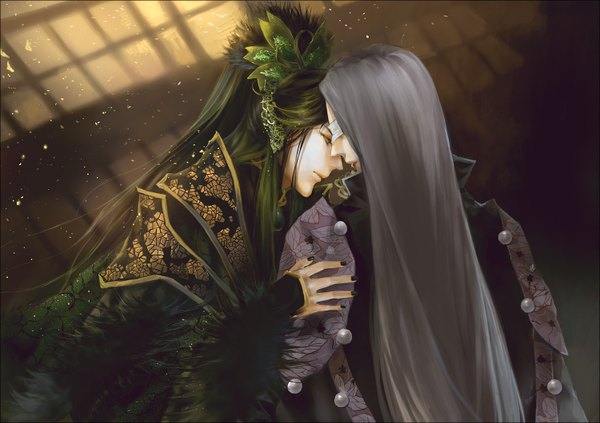 Аниме картинка 1500x1059 с pili (game) shuiyituzi длинные волосы чёрные волосы лак на ногтях зелёные волосы серые волосы сзади сёнэн-ай завязанные глаза мужчина украшения для волос