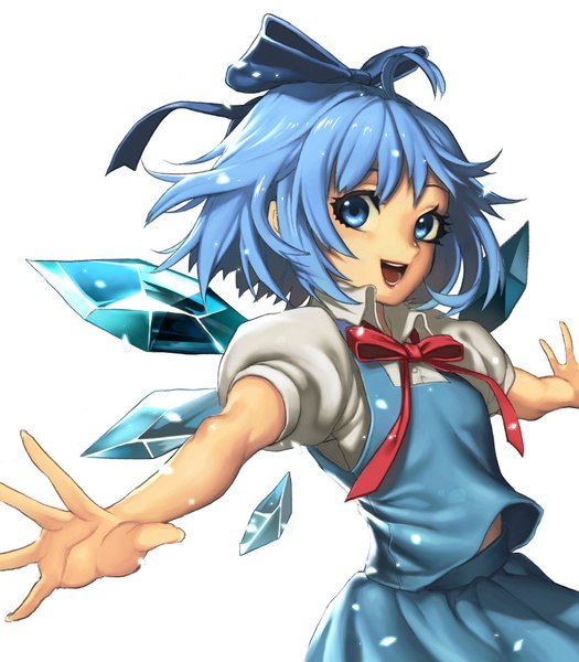 Anime picture 720x822 with touhou cirno wadani hitonori single tall image looking at viewer short hair open mouth blue eyes simple background white background blue hair upper body ahoge spread arms girl bow hair bow wings ice