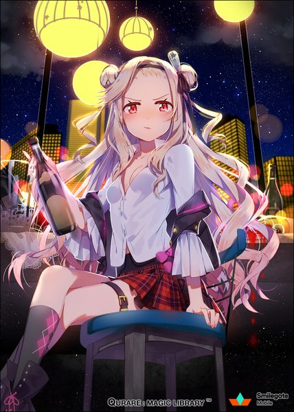 Anime picture 640x896 with qurare: magic library edison (qurare) hakusai (tiahszld) single long hair tall image looking at viewer blush blonde hair red eyes crossed legs girl skirt miniskirt shirt socks hairband bottle