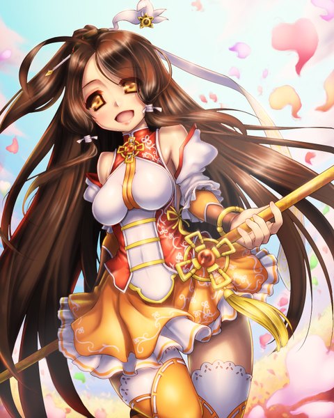 Anime picture 1280x1600 with elsword ara haan little xia (elsword) ecell (artist) single long hair tall image looking at viewer blush breasts open mouth light erotic smile brown hair yellow eyes girl thighhighs dress petals