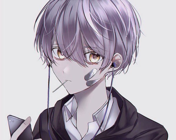 Anime picture 1024x815 with original ichikawa ichika single looking at viewer fringe short hair simple background hair between eyes holding yellow eyes purple hair upper body grey background food in mouth bandaid on face boy food sweets headphones mobile phone