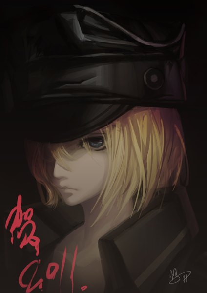 Anime picture 1447x2046 with vocaloid kagamine rin urami (artist) single tall image short hair blue eyes blonde hair signed lips portrait military girl uniform hat military uniform cap
