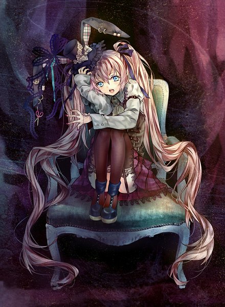 Anime picture 828x1129 with original madogawa single tall image fringe open mouth blue eyes sitting twintails holding animal ears pink hair very long hair nail polish pleated skirt bunny ears plaid skirt fake animal ears girl thighhighs