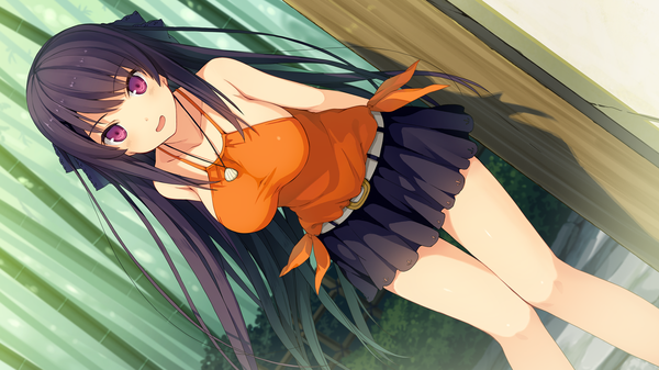Anime picture 2560x1440 with ao no kanata no four rhythm sprite (company) tobisawa misaki akinashi yuu single long hair looking at viewer blush fringe highres breasts open mouth black hair smile hair between eyes wide image large breasts standing purple eyes bare shoulders