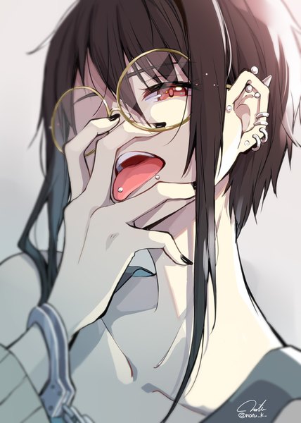 Anime picture 1069x1500 with original hazuki natsu single tall image fringe short hair open mouth hair between eyes red eyes brown hair upper body piercing ear piercing hand on face lip piercing tongue piercing girl glasses tongue handcuffs