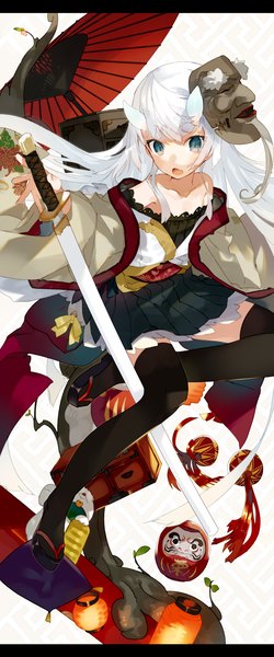 Anime picture 625x1500 with original karei (hirameme) single long hair tall image looking at viewer green eyes white hair traditional clothes japanese clothes horn (horns) letterboxed oni horns mask on head girl thighhighs skirt weapon black thighhighs miniskirt