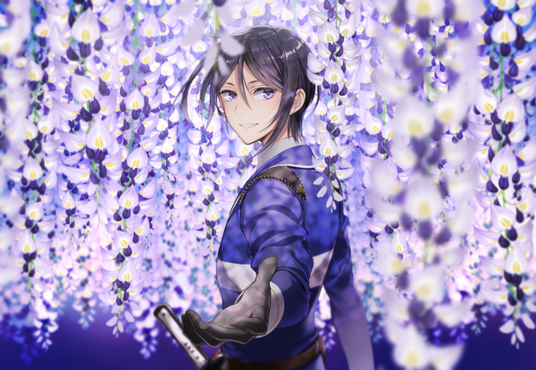 Anime picture 1025x708 with touken ranbu nitroplus yagen toushirou noes single looking at viewer short hair black hair hair between eyes purple eyes upper body looking back light smile outstretched hand boy gloves uniform flower (flowers) black gloves military uniform