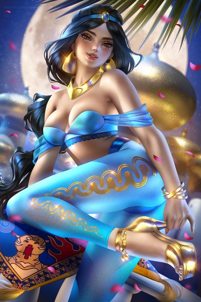 Anime picture 4800x7200 with aladdin disney jasmine ayyasap single long hair tall image looking at viewer blush highres breasts light erotic black hair large breasts standing brown eyes signed absurdres bent knee (knees) outdoors