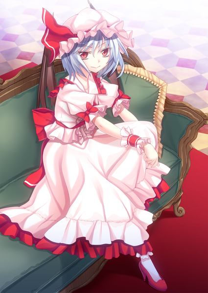 Anime picture 850x1200 with touhou remilia scarlet ina (inadahime) single tall image looking at viewer short hair red eyes sitting blue hair girl dress skirt bow wings frills bonnet couch skirt set