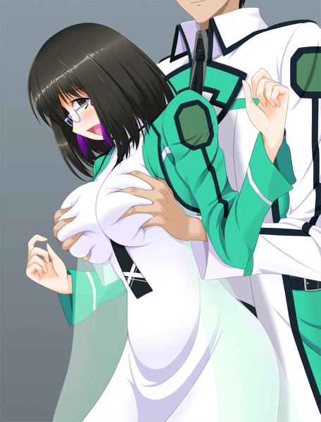 Anime picture 913x1200 with mahouka koukou no rettousei shibata mizuki urakawa tall image blush fringe breasts open mouth light erotic black hair simple background hair between eyes standing yellow eyes ass profile light smile grey background wide sleeves leaning