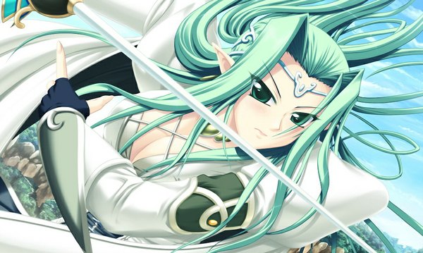 Anime picture 1024x614 with ikusa megami zero (game) long hair wide image green eyes game cg green hair pointy ears girl fingerless gloves